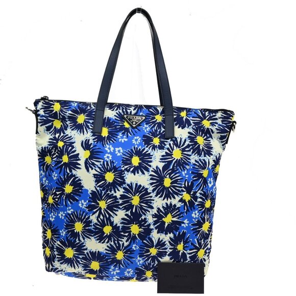 PRADA MILANO Logo Tessuto Stampat Shoulder Tote Bag Leather Nylon Blue - Picture 1 of 16